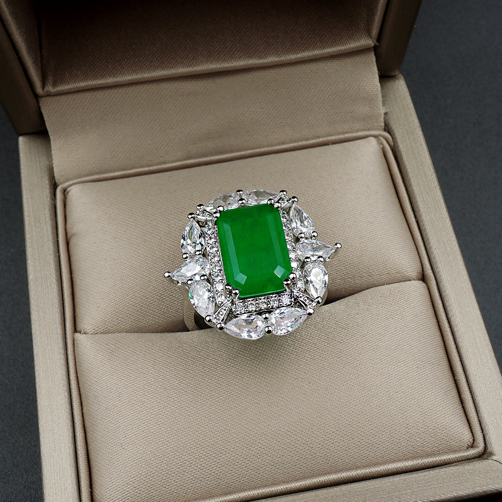 GREEN EMERLAD RING Magnificent Halo Ring Exotic Vivid Green Glow Color Ring MAY Birthstone 18K White Gold Plated