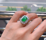 GREEN EMERLAD RING Magnificent Halo Ring Exotic Vivid Green Glow Color Ring MAY Birthstone 18K White Gold Plated