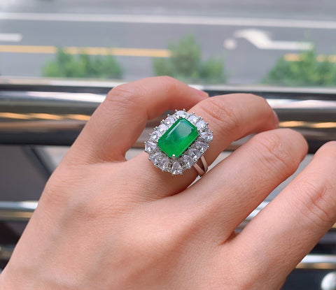 GREEN EMERLAD RING Magnificent Halo Ring Exotic Vivid Green Glow Color Ring MAY Birthstone 18K White Gold Plated