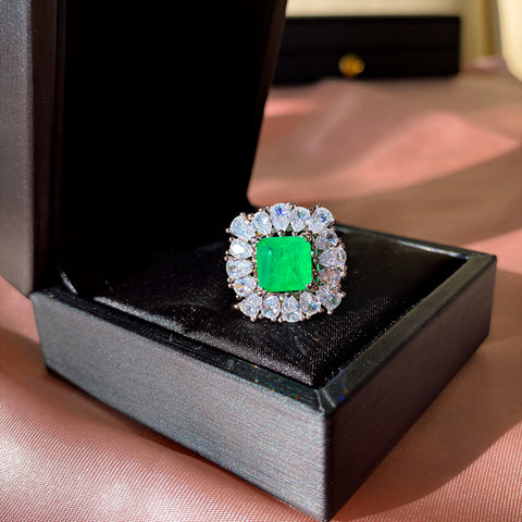 GREEN EMERLAD RING Magnificent Halo Ring Exotic Vivid Green Glow Color Ring MAY Birthstone 18K White Gold Plated