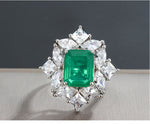 GREEN EMERLAD RING Magnificent Halo Ring Exotic Vivid Green Glow Color Ring MAY Birthstone 18K White Gold Plated