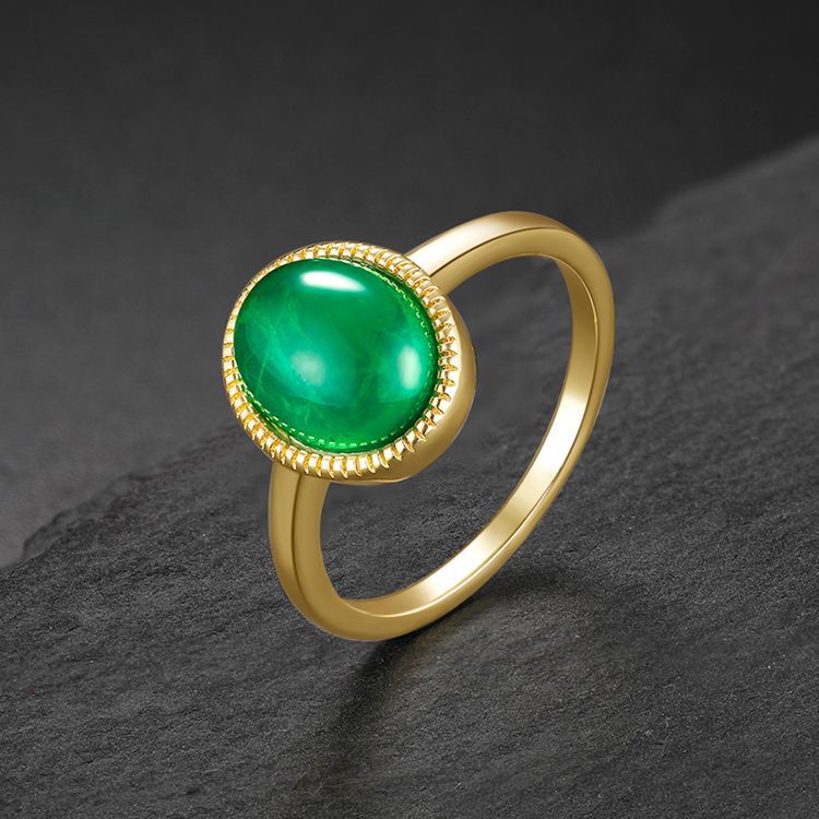 GREEN EMERLAD RING Magnificent Cabochon Ring Exotic Vivid Green Glow Color Ring MAY Birthstone 18K White Gold Plated