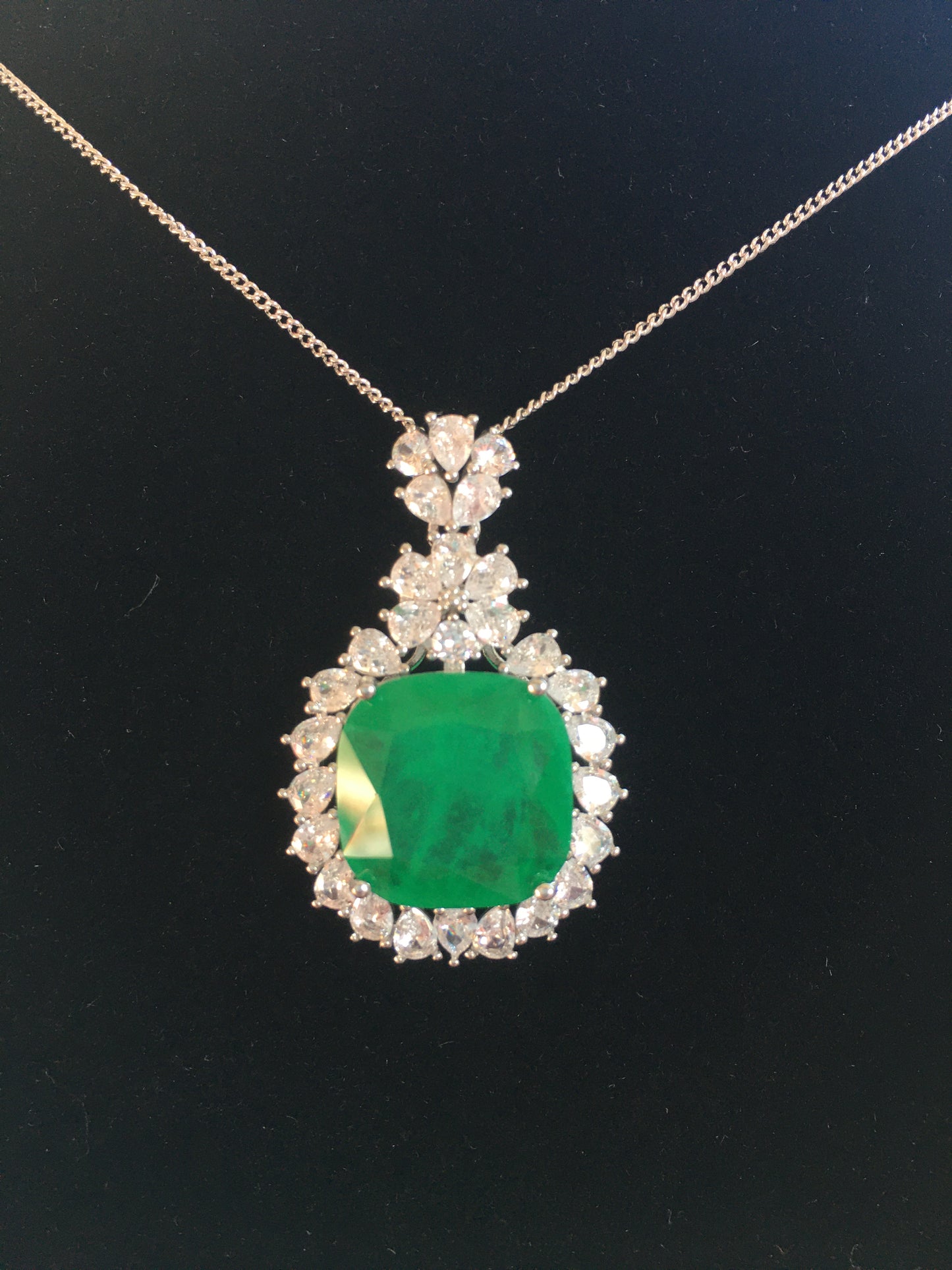 GREEN EMERLAD NECKLACE Magnificent Chandelier Halo Pendant Exotic Vivid Green Glow Color Earring MAY Birthstone 18K White Gold Plated