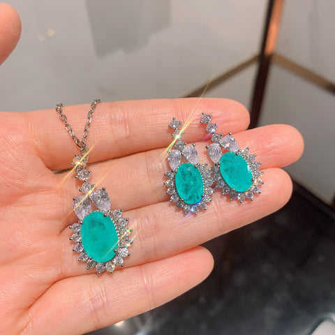 BLUE PARAIBA TOURMALINE GEOMETRY JEWELRY SET Magnificent Earring Minimalism Style Exotic Neon Vivid Blue Color & Glow Ice Blue Color Jewelry Set