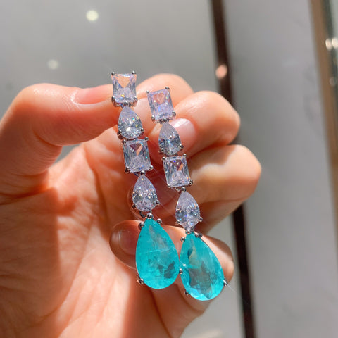 BLUE PARAIBA TOURMALINE Long Tassel Earring Magnificent Earring Art Deco Style Exotic Neon Vivid Blue Color & Glow Ice Blue Color Earring