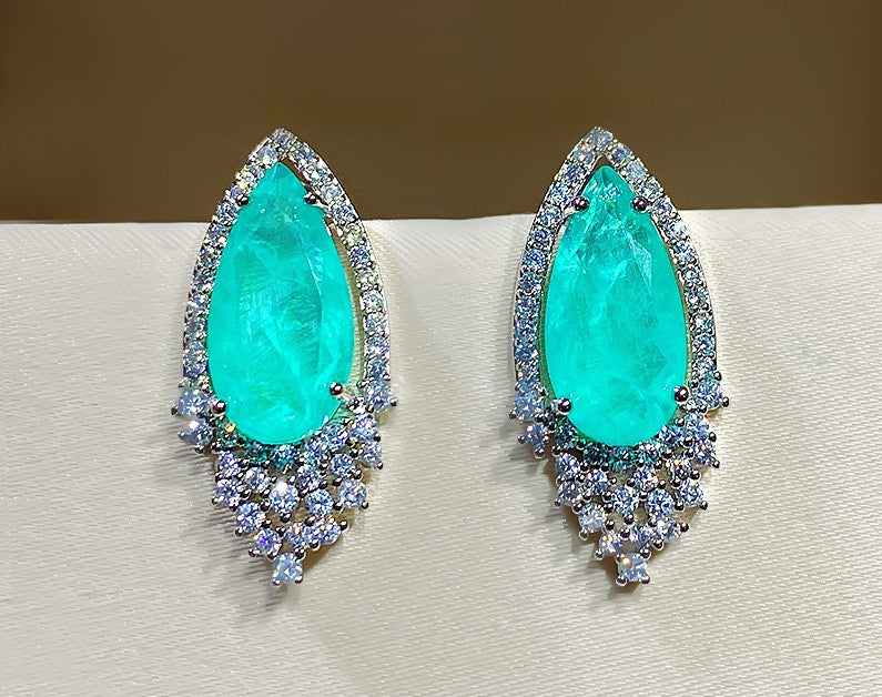 BLUE PARAIBA TOURMALINE Halo Earring Magnificent Earring Art Deco Style Exotic Neon Vivid Blue Color & Glow Ice Blue Color Earring