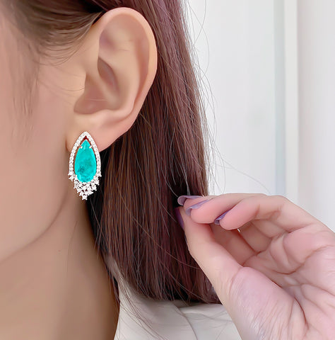 BLUE PARAIBA TOURMALINE Halo Earring Magnificent Earring Art Deco Style Exotic Neon Vivid Blue Color & Glow Ice Blue Color Earring