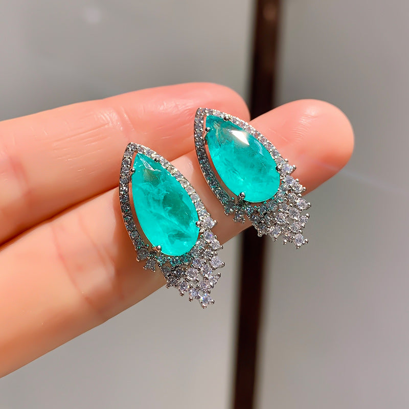 BLUE PARAIBA TOURMALINE Halo Earring Magnificent Earring Art Deco Style Exotic Neon Vivid Blue Color & Glow Ice Blue Color Earring