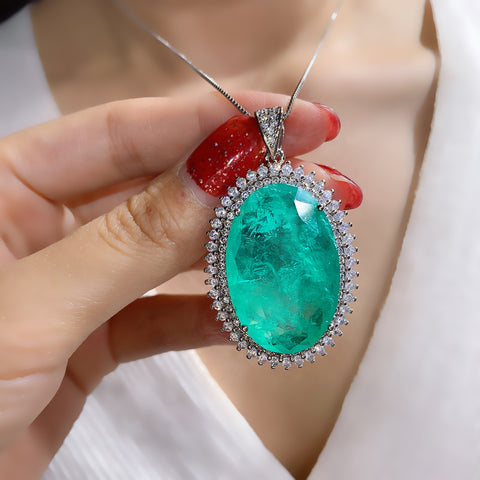 BLUE PARAIBA TOURMALINE PENDANT BIG Size Oval Shape Magnificent Chandelier Pendant Art Deco Style Exotic Neon Vivid Blue Color & Glow Ice Blue Color Pendant 18K WHITE GOLD PLATE