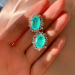 BLUE PARAIBA TOURMALINE Halo Earring Magnificent Earring Art Deco Style Exotic Neon Vivid Blue Color & Glow Ice Blue Color Earring