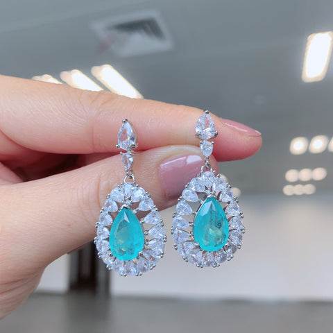 BLUE PARAIBA TOURMALINE Earring Magnificent Chandelier Earring Art Deco Style Exotic Neon Vivid Blue Color & Glow Ice Blue Color Earring