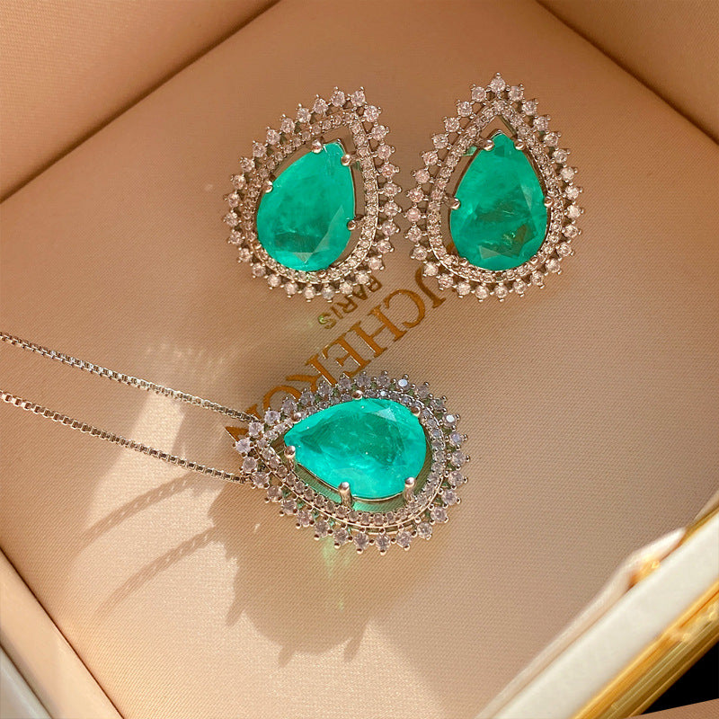 14*18mm Exotic Neon Vivid Blue Pear Cut Double Halo Blue Paraiba Simulant Jewelry Set
