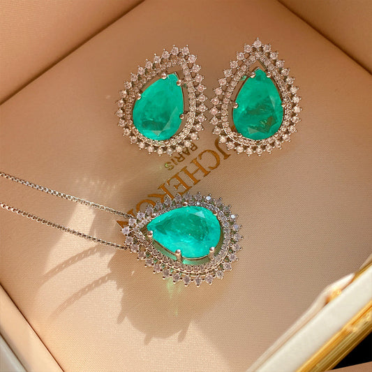 BLUE PARAIBA TOURMALINE GEOMETRY JEWELRY SET Magnificent Earring Minimalism Style Exotic Neon Vivid Blue Color & Glow Ice Blue Color Jewelry Set