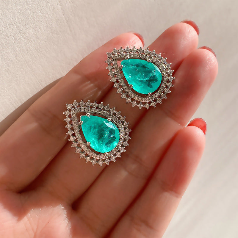 14*18mm Exotic Neon Vivid Blue Pear Cut Double Halo Blue Paraiba Simulant Jewelry Set