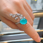 BLUE PARAIBA TOURMALINE Ring Magnificent Bicolor Halo Ring Art Deco Style Exotic Neon Vivid Blue Color & Glow Ice Blue Color Ring 18KGP
