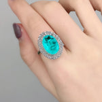 BLUE PARAIBA TOURMALINE Ring Magnificent Bicolor Halo Ring Art Deco Style Exotic Neon Vivid Blue Color & Glow Ice Blue Color Ring 18KGP