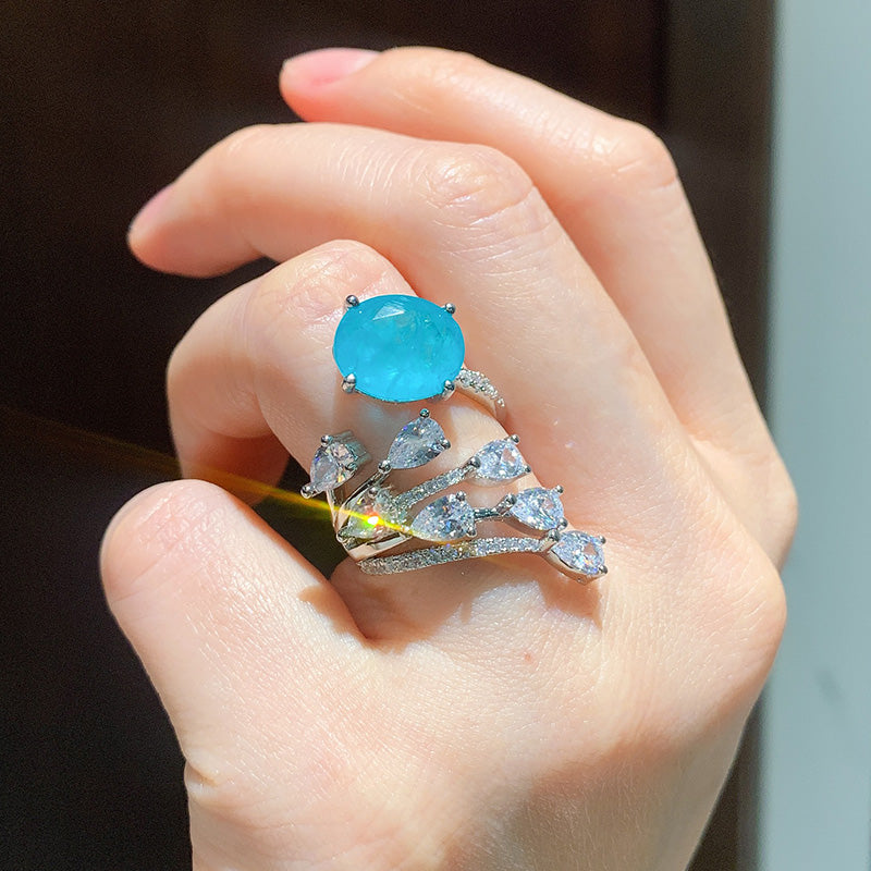 BLUE PARAIBA TOURMALINE Ring Magnificent Bicolor Halo Ring Art Deco Style Exotic Neon Vivid Blue Color & Glow Ice Blue Color Ring 18KGP