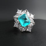 BLUE PARAIBA TOURMALINE Ring Magnificent Bicolor Halo Ring Art Deco Style Exotic Neon Vivid Blue Color & Glow Ice Blue Color Ring 18KGP