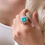 BLUE PARAIBA TOURMALINE Ring Magnificent Bicolor Halo Ring Art Deco Style Exotic Neon Vivid Blue Color & Glow Ice Blue Color Ring 18KGP