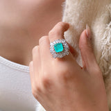 BLUE PARAIBA TOURMALINE Ring Magnificent Bicolor Halo Ring Art Deco Style Exotic Neon Vivid Blue Color & Glow Ice Blue Color Ring 18KGP