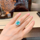 BLUE PARAIBA TOURMALINE Ring Magnificent Bicolor Halo Ring Art Deco Style Exotic Neon Vivid Blue Color & Glow Ice Blue Color Ring 18KGP