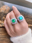 GREEN EMERLAD RING Magnificent Halo Ring Exotic Vivid Green Glow Color Ring MAY Birthstone 18K White Gold Plated
