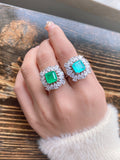 GREEN EMERLAD RING Magnificent Halo Ring Exotic Vivid Green Glow Color Ring MAY Birthstone 18K White Gold Plated