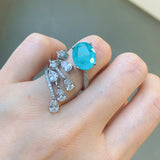 BLUE PARAIBA TOURMALINE Ring Magnificent Bicolor Halo Ring Art Deco Style Exotic Neon Vivid Blue Color & Glow Ice Blue Color Ring 18KGP