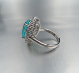 BLUE PARAIBA TOURMALINE Ring Magnificent Bicolor Halo Ring Art Deco Style Exotic Neon Vivid Blue Color & Glow Ice Blue Color Ring 18KGP