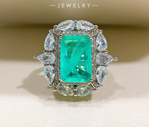 BLUE PARAIBA TOURMALINE Ring Magnificent Bicolor Halo Ring Art Deco Style Exotic Neon Vivid Blue Color & Glow Ice Blue Color Ring 18KGP