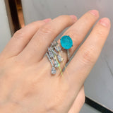 BLUE PARAIBA TOURMALINE Ring Magnificent Bicolor Halo Ring Art Deco Style Exotic Neon Vivid Blue Color & Glow Ice Blue Color Ring 18KGP