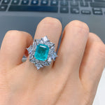 BLUE PARAIBA TOURMALINE Ring Magnificent Bicolor Halo Ring Art Deco Style Exotic Neon Vivid Blue Color & Glow Ice Blue Color Ring 18KGP