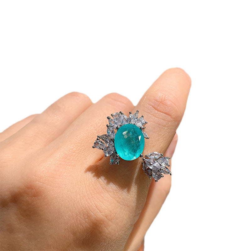 BLUE PARAIBA TOURMALINE Ring Magnificent Bicolor Halo Ring Art Deco Style Exotic Neon Vivid Blue Color & Glow Ice Blue Color Ring 18KGP