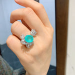 BLUE PARAIBA TOURMALINE Ring Magnificent Bicolor Halo Ring Art Deco Style Exotic Neon Vivid Blue Color & Glow Ice Blue Color Ring 18KGP