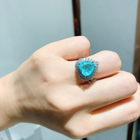 BLUE PARAIBA TOURMALINE Ring Magnificent Bicolor Halo Heart Ring Art Deco Style Exotic Neon Vivid Blue Color & Glow Ice Blue Color Ring 18KGP