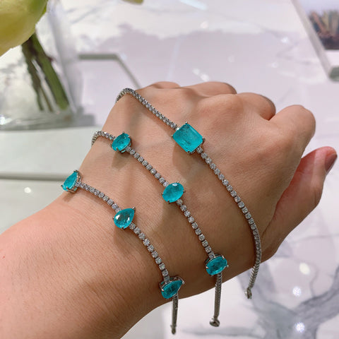 BLUE PARAIBA TOURMALINE Geometric Bracelet Magnificent Art Deco Style Exotic Neon Vivid Blue Color & Glow Ice Blue Color Pendant 18K WHITE GOLD PLATE