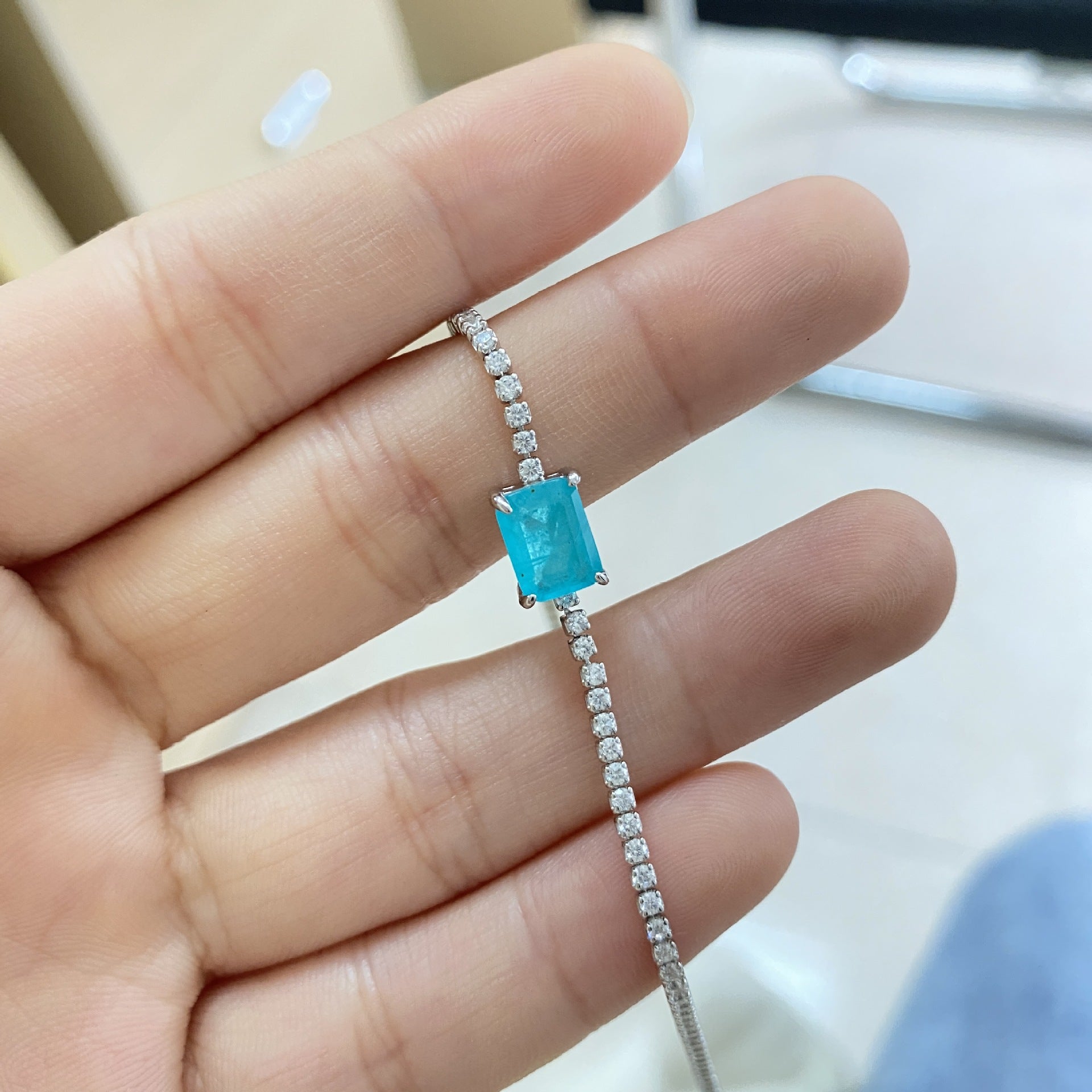 Geometric Blue Paraiba Simulant Bracelet Minimalist Style Tennis Bracelet Gift For Her