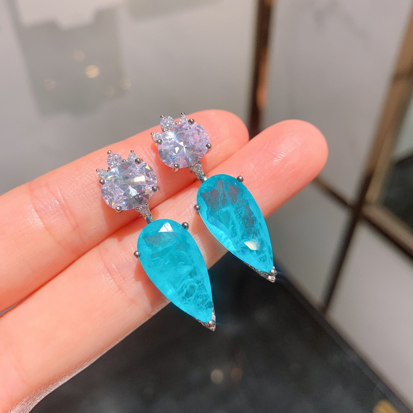 BLUE PARAIBA TOURMALINE Earring Magnificent Cute Earring Art Deco Style Exotic Neon Vivid Blue Color & Glow Ice Blue Color Earring