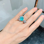 BLUE PARAIBA TOURMALINE Ring Magnificent Bicolor Halo Ring Art Deco Style Exotic Neon Vivid Blue Color & Glow Ice Blue Color Ring 18KGP