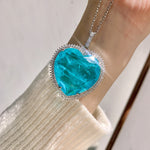 HUGE BLUE PARAIBA TOURMALINE PENDANT BIG Heart Jumbo Size Magnificent Halo Pendant Art Deco Style Exotic Neon Vivid Blue Color & Glow Ice Blue Color Pendant 18K WHITE GOLD PLATED