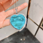 HUGE BLUE PARAIBA TOURMALINE PENDANT BIG Heart Jumbo Size Magnificent Halo Pendant Art Deco Style Exotic Neon Vivid Blue Color & Glow Ice Blue Color Pendant 18K WHITE GOLD PLATED