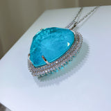 HUGE BLUE PARAIBA TOURMALINE PENDANT BIG Heart Jumbo Size Magnificent Halo Pendant Art Deco Style Exotic Neon Vivid Blue Color & Glow Ice Blue Color Pendant 18K WHITE GOLD PLATED