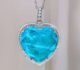 HUGE BLUE PARAIBA TOURMALINE PENDANT BIG Heart Jumbo Size Magnificent Halo Pendant Art Deco Style Exotic Neon Vivid Blue Color & Glow Ice Blue Color Pendant 18K WHITE GOLD PLATED