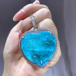 HUGE BLUE PARAIBA TOURMALINE PENDANT BIG Heart Jumbo Size Magnificent Halo Pendant Art Deco Style Exotic Neon Vivid Blue Color & Glow Ice Blue Color Pendant 18K WHITE GOLD PLATED