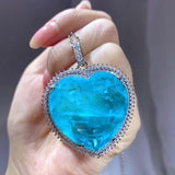 HUGE BLUE PARAIBA TOURMALINE PENDANT BIG Heart Jumbo Size Magnificent Halo Pendant Art Deco Style Exotic Neon Vivid Blue Color & Glow Ice Blue Color Pendant 18K WHITE GOLD PLATED
