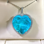 HUGE BLUE PARAIBA TOURMALINE PENDANT BIG Heart Jumbo Size Magnificent Halo Pendant Art Deco Style Exotic Neon Vivid Blue Color & Glow Ice Blue Color Pendant 18K WHITE GOLD PLATED