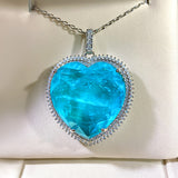 HUGE BLUE PARAIBA TOURMALINE PENDANT BIG Heart Jumbo Size Magnificent Halo Pendant Art Deco Style Exotic Neon Vivid Blue Color & Glow Ice Blue Color Pendant 18K WHITE GOLD PLATED