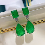 GREEN EMERLAD EARRING Magnificent Geometric Minimalism Style Exotic Vivid Green Glow Color Earring MAY Birthstone 18K White Gold Plated