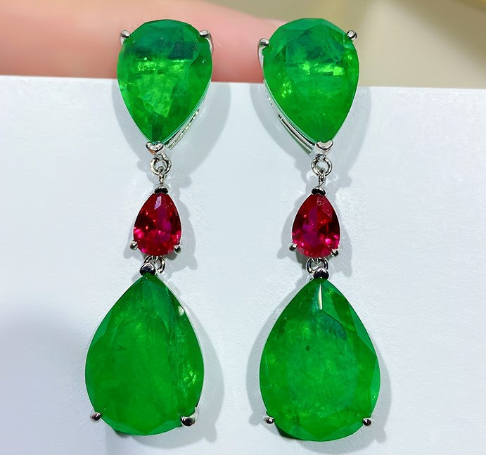 GREEN EMERLAD EARRING Magnificent Geometric Bicolor Contrast Color Style Exotic Vivid Green Glow Color Earring MAY Birthstone 18K White Gold Plated