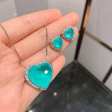 BLUE PARAIBA TOURMALINE HEART JEWELRY SET Magnificent Earring Art Deco Style Exotic Neon Vivid Blue Color & Glow Ice Blue Color Jewelry Set
